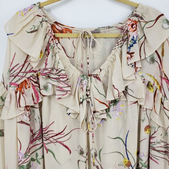 H&M Floral Print Ruffle Trim Blouse Top XL Womens Long Sleeve Cream - Picture 6 of 7